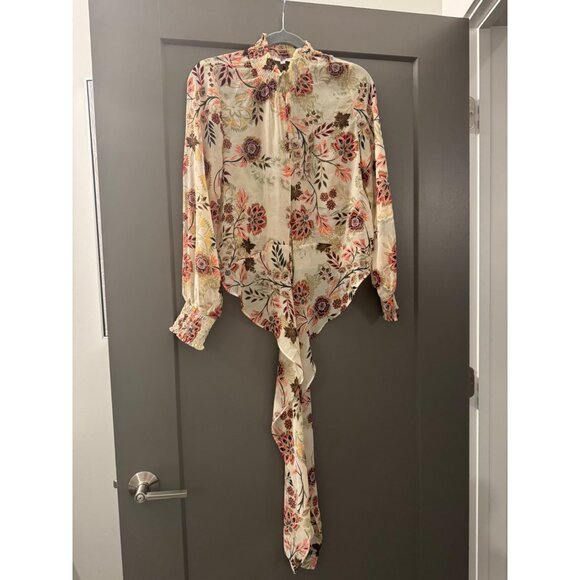 Oliveaceous Floral Print High Neck Tie Front Blouse With Smocked Cuffs & Long Ta - Picture 6 of 7